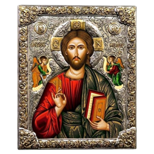 Jesus Christ Pantocrator Icon Kt Gold Silver Wood Base