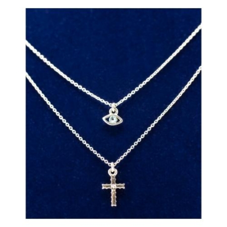 925 Silver Double Chain Necklace - European Crystal Seeing Eye And Cross Pendants – Spiritual Jewelry