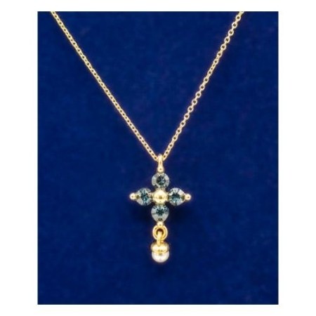 Christian Jewelry: Gold Plated Sterling Silver Necklace Cross Pendant With Blue European Crystals Pearl Drop