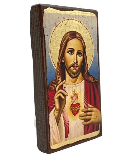 Sacred Heart of Jesus Christ Silk Screen Icon Natural Wood