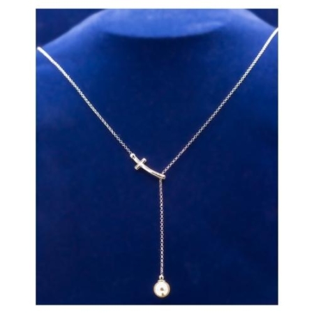 Christian Jewelry: 925 Silver Sideways Cross with Fresh Water Pearl Drop Adjustable 16 Inch Chain