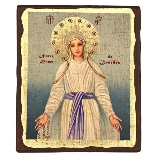 Lady Of Lourdes Silk Screen Icon Natural Wood Aged Edge