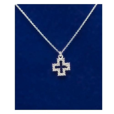 Sterling Silver Cutout Cross With 24 Cubic Zirconia Stones 16 Inch Cable Chain – Christian Jewelry