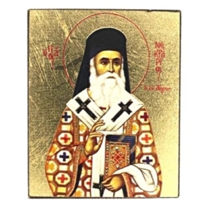 Saint Nektarios Silk Screen Icon Magnet Gold Natural Wood