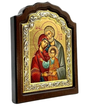 The Holy Family Icon Arched Design Engraved Silver Wood Base