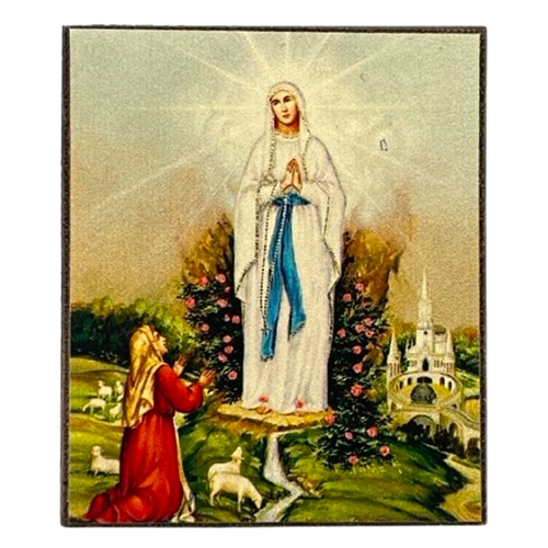 Lady of Lourdes Silk Screen Icon Gold Standing Natural Wood