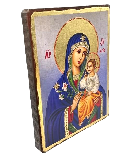 Virgin Mary Eternal Bloom Silk Screen Icon Natural Wood Aged