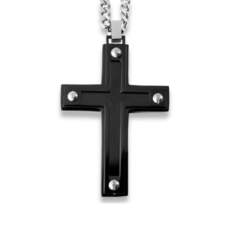 Black Plated Stainless Steel Framed Black Enamel Cross Pendant Necklace