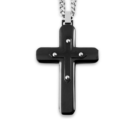Black Plated Stainless Steel Round Edge Layer Accented Cross Pendant Necklace - 24"