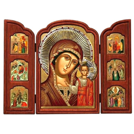 Triptych Icon of Virgin Mary of Kazan TES Series, Spiritual Artwork