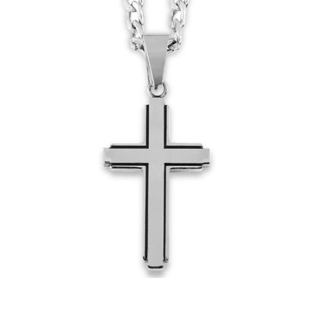 Men's Stainless Steel Brushed Black Inlay Cross Pendant Necklace