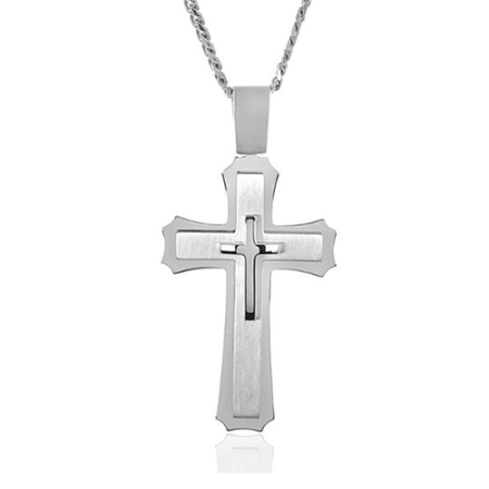 Crucible Men's Stainless Steel Large Layered Cross Pendant Necklace