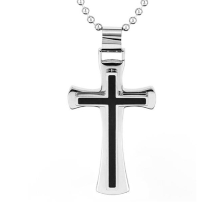Stainless Steel Polished Black Resin Inlay Cross Pendant Necklace