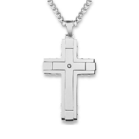 Crucible Stainless Steel Laser Outlined Cubic Zirconia Cross Pendant Necklace - 24"