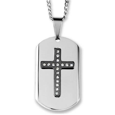 Two-Tone Stainless Steel Crystal Layer Cross Dog Tag Pendant Necklace