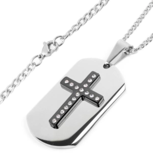 Stainless Steel Crystal Layer Cross Dog Tag Pendant Necklace