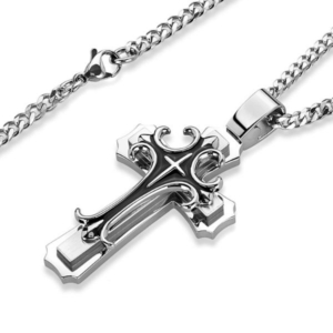 Steel Bold Large Layered Statement Cross Pendant Necklace
