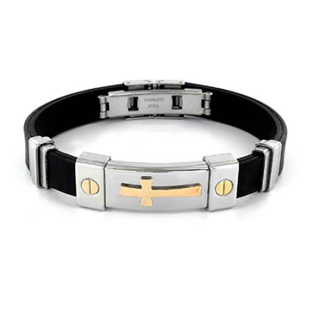 Men's Stainless Steel Gold Cross ID Plate Rubber Bracelet