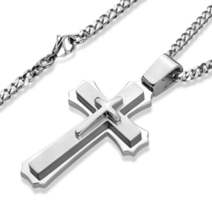 Stainless Steel Large Layered Cross Pendant Necklace
