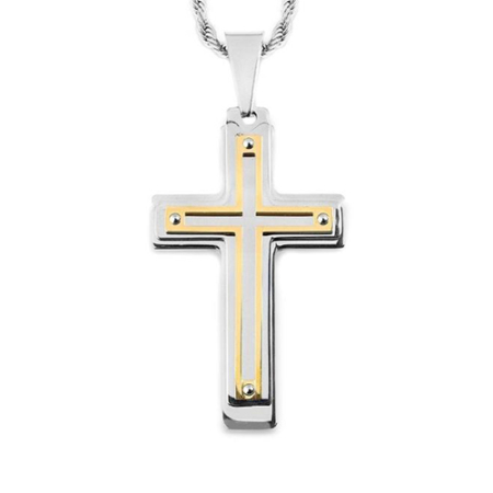 Men's Two-Tone Stainless Steel Multi-Layer Cross Pendant Necklace