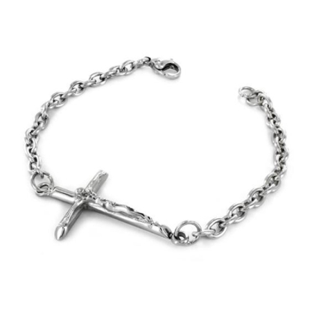 Polished Large Sideways Crucifix Cross Chain Stainless Steel Bracelet
