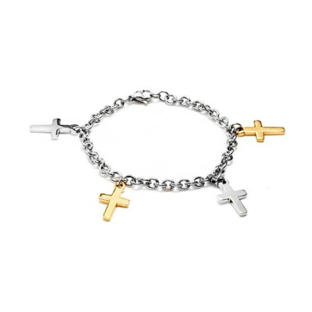 Polished Dangling Crosses Charm Stainless Steel Bracelet (23 mm) - 7.5”