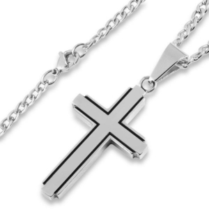 Stainless Steel Brushed Black Inlay Cross Pendant Necklace