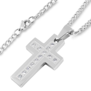 Stainless Steel Polished Cubic Zirconia Cross Pendant Necklace
