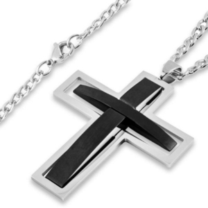 Stainless Steel Two-Tone Brushed and Polished Cut-out Cross Pendant