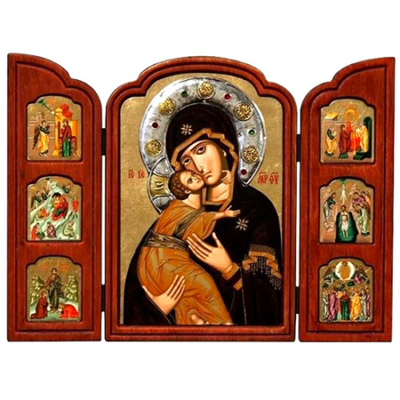 Triptych Icon of Virgin Mary of Vladimir TES Series, Spiritual Artwork
