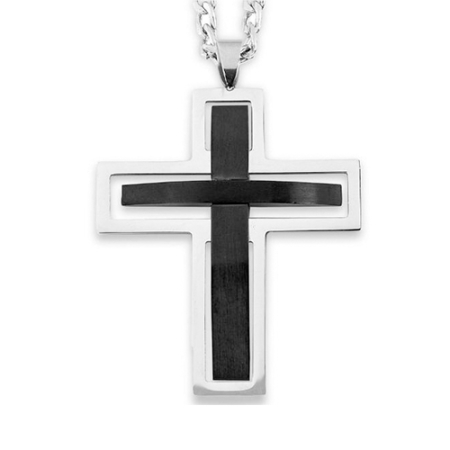 Two-Tone Stainless Steel Brushed and Polished Cut-out Cross Pendant Necklace