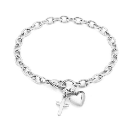 Polished Heart and Cross Charm Stainless Steel Bracelet