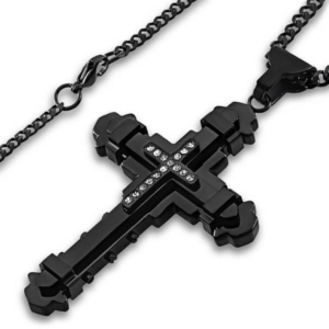 Black Plated Stainless Steel Cubic Zirconia Cross Pendant - 24"