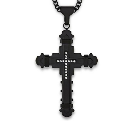 Crucible Black Plated Stainless Steel Cubic Zirconia Cross Pendant - 24"