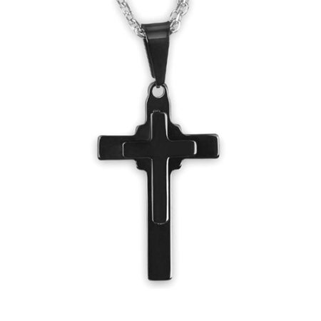 Men's Black Plated Polished Stainless Steel Layered Cross Pendant - 19"