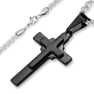 Black Plated Polished Stainless Steel Layered Cross Pendant - 19"