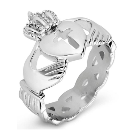Polished Claddagh Cut-out Cross Celtic Knot Eternity Stainless Steel Ring