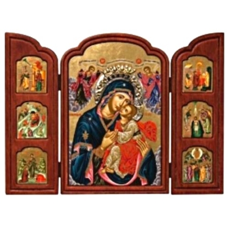 Triptych Icon of Virgin Mary Glykofiloussa TES Series, Christian Artwork