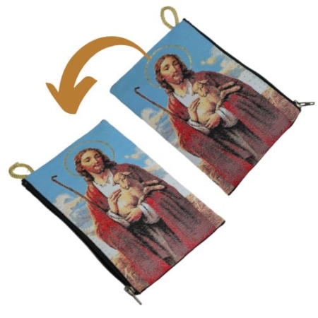Jesus Christ Good Shepard Embroidery Rosary Pouch - Christian Artwork