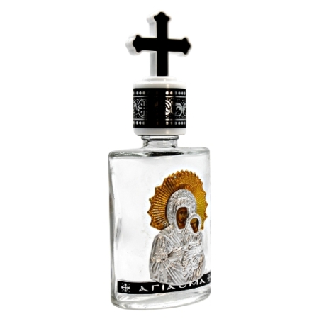 Glass Holy Water Bottle With Gold Silver Metal Virgin Mary Icon
