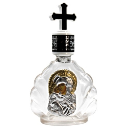 Glass Holy Water Bottle With Siler Gold Metal Virgin Mary Icon